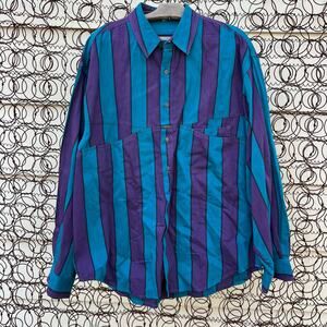 VTG 90s Marithe Girbaud Teal Purple Stripe Funky Pockets L/S Button Up Shirt M